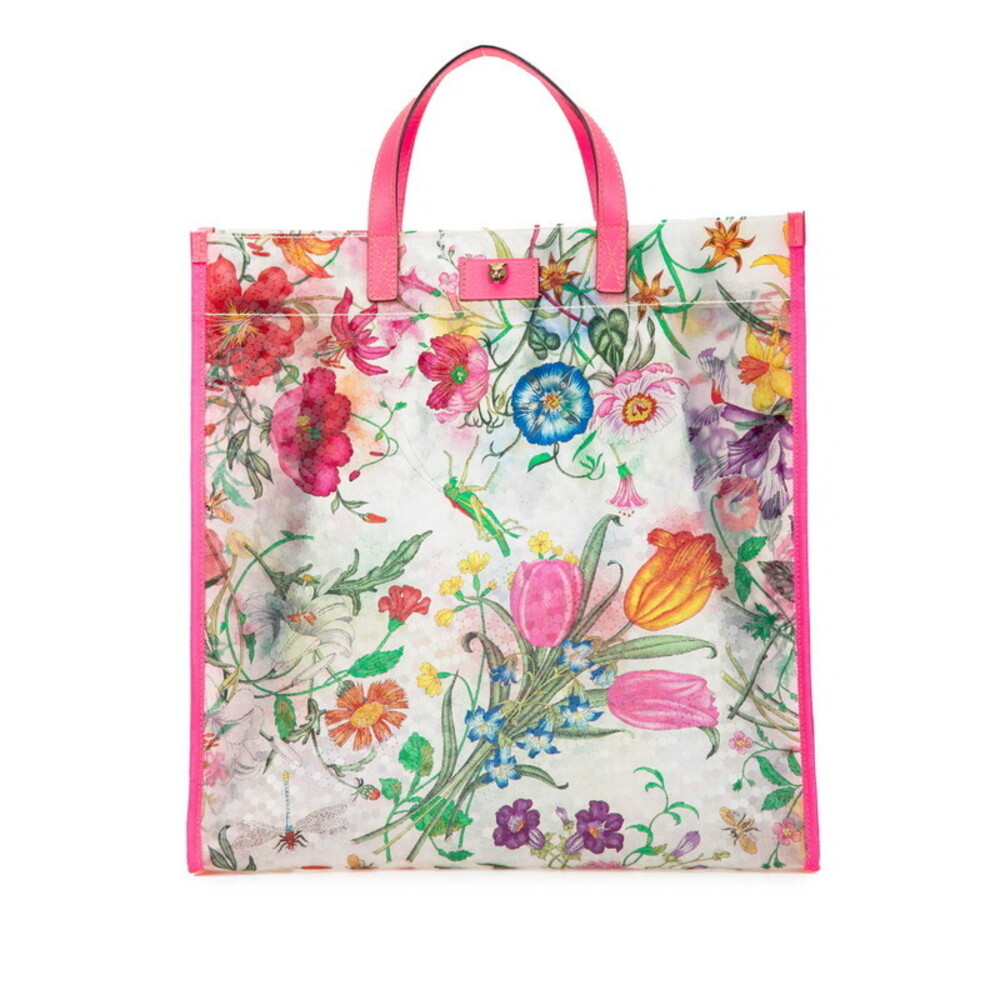 Gucci Flora Flower Textured Handbag Tote Bag Pink Multicolored Leather
